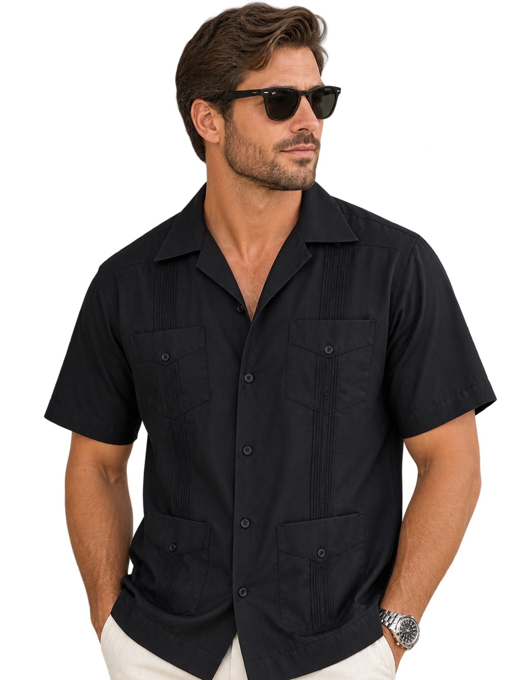 Havana Shirt Co. Men's Short-Sleeve Guayabera Shirt in Black size large